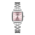 Women's retro quartz watch with slim 8mm case and bamboo band in blue, showing simple dial