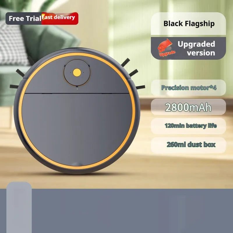 Black intelligent sweeping robot with obstacle avoidance and 2000mAh battery on a hardwood floor