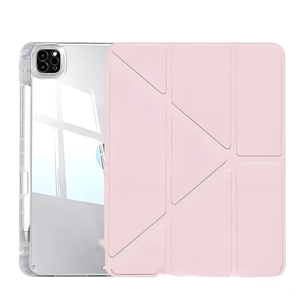 Transparent acrylic iPad protective cover with built-in folding stand in multiple colour options