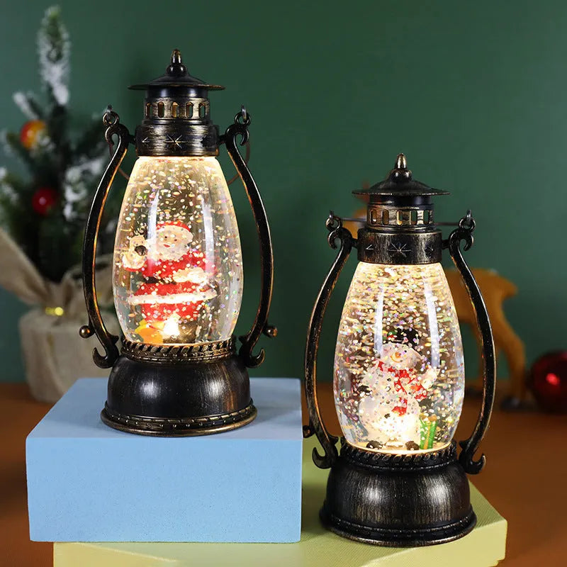Crystal ball oil lamp Christmas ornament with light-emitting snowman scene on desktop