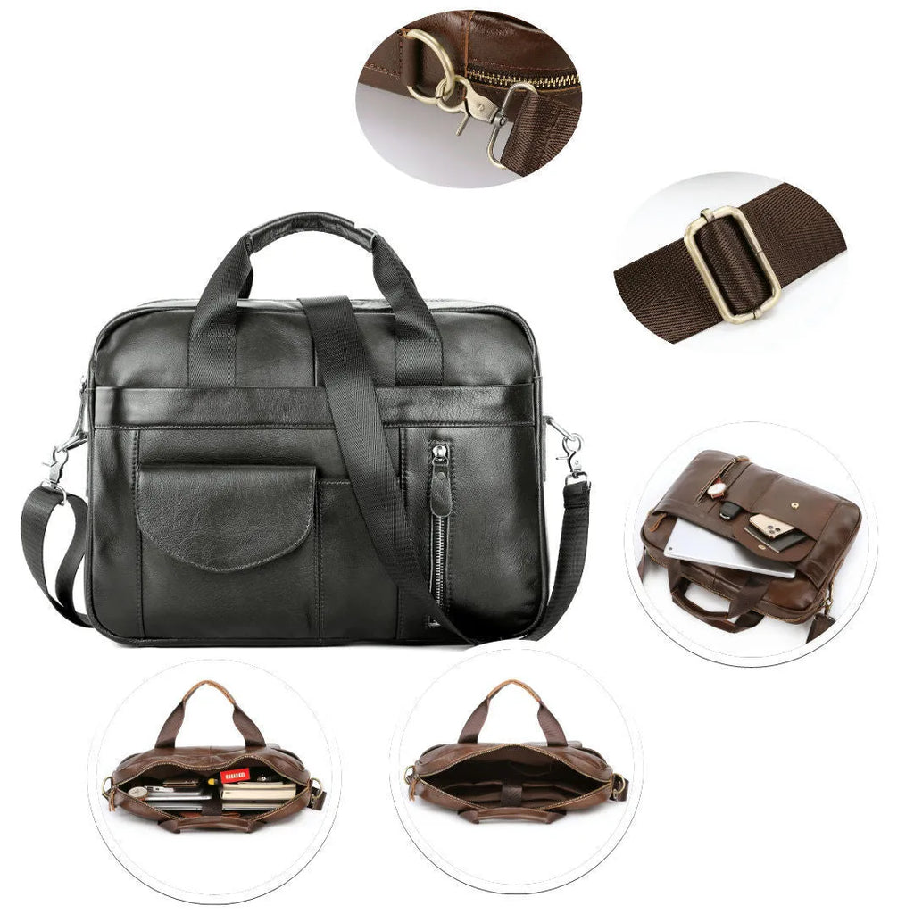 Men's brown cowhide leather cross-body briefcase with zipper front pocket on a neutral background