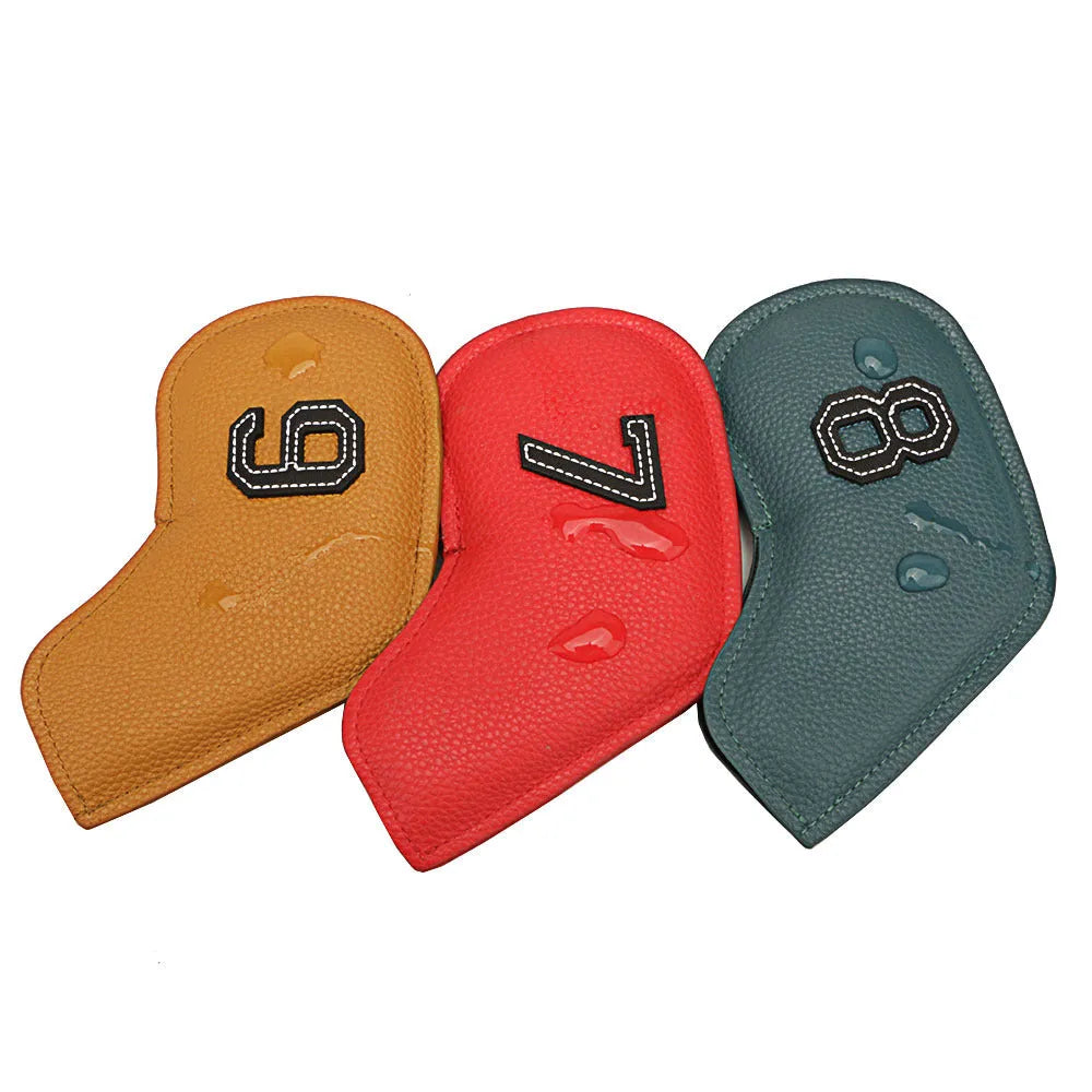Set of 10 multicolour digitally printed golf club head covers made from PU material.