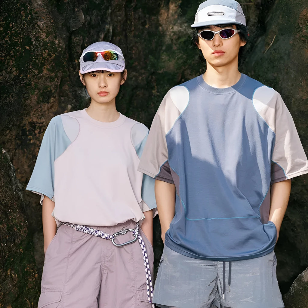 Men's loose fit cotton blend t-shirt with patchwork colour contrast in blue and beige tones