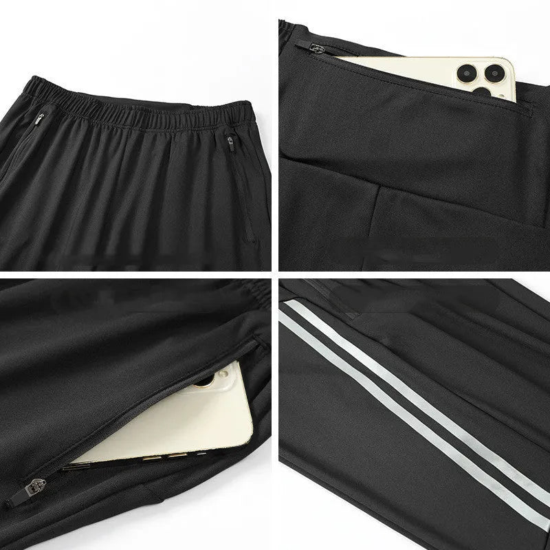 Men's black polyester running trousers with mid waist design and full length legs for exercise