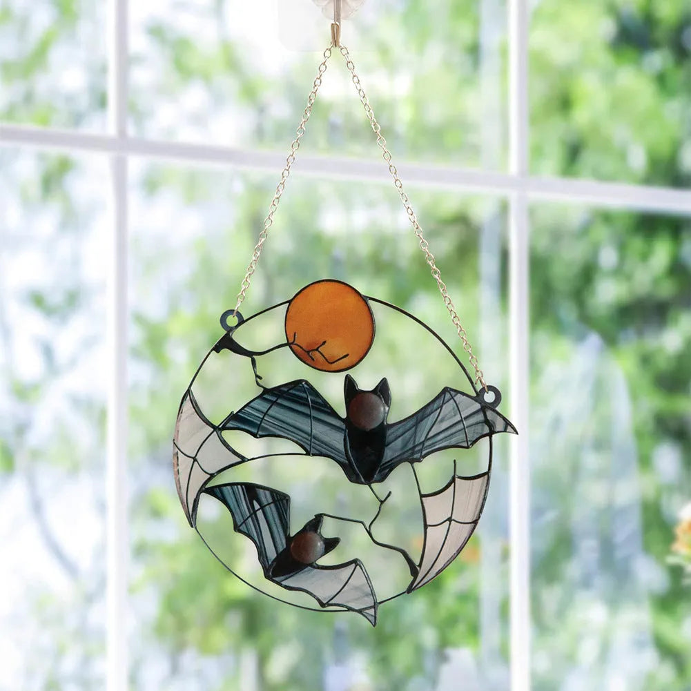 Moon Bat decorative acrylic pendant with engraved bat design, 15.3cm by 15cm, American style wall hanging