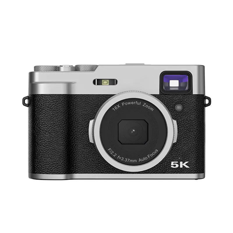 Black or brown 5K HD digital camera with dual lenses and an optical viewfinder on a 2.88-inch screen.