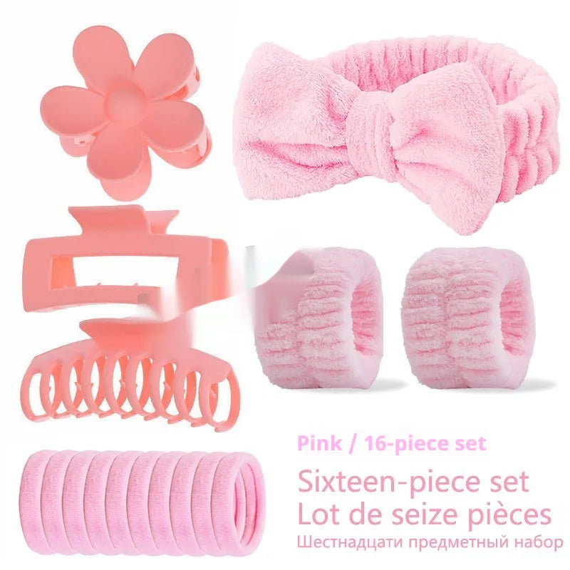 16-piece bow washing face hair band set with wrist strap, plaid pattern, multiple colours