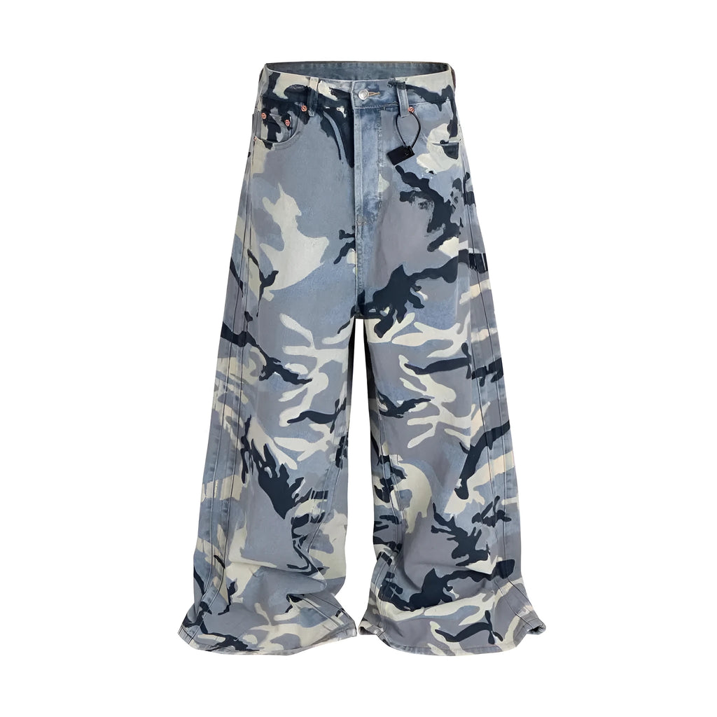 Snow camouflage blue loose fit denim jeans on a neutral background, showing mid-waist and relaxed leg cut.