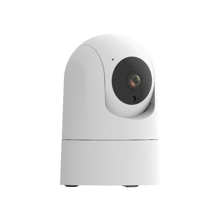 White indoor 5G security camera with tilt head on a desk next to EU UK US power plugs.