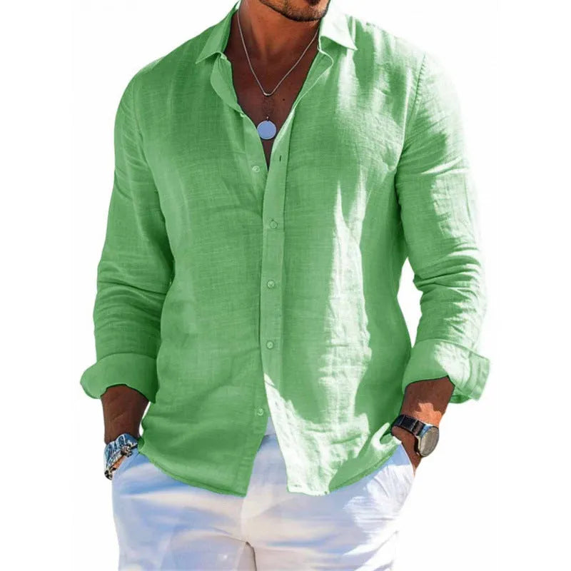 Men's long sleeve casual loose fit solid colour button top shirt polyester plus size clothing