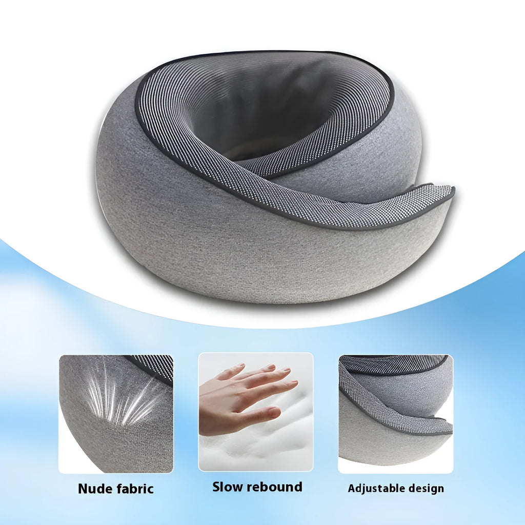 U-shaped memory foam travel neck pillow in light grey with a storage bag, shown at 27x26x13cm size.