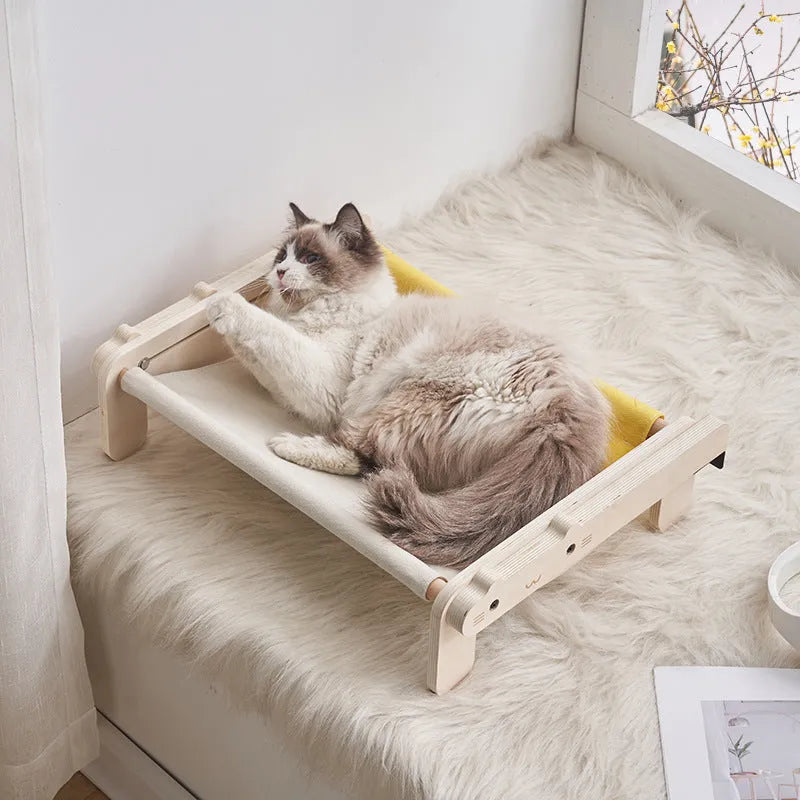 Solid wooden pet bed with removable fabric mat in grey blue colour option