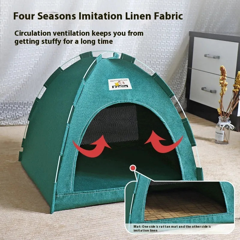 Grey tent-style pet bed for cats and small dogs with removable washable cover.