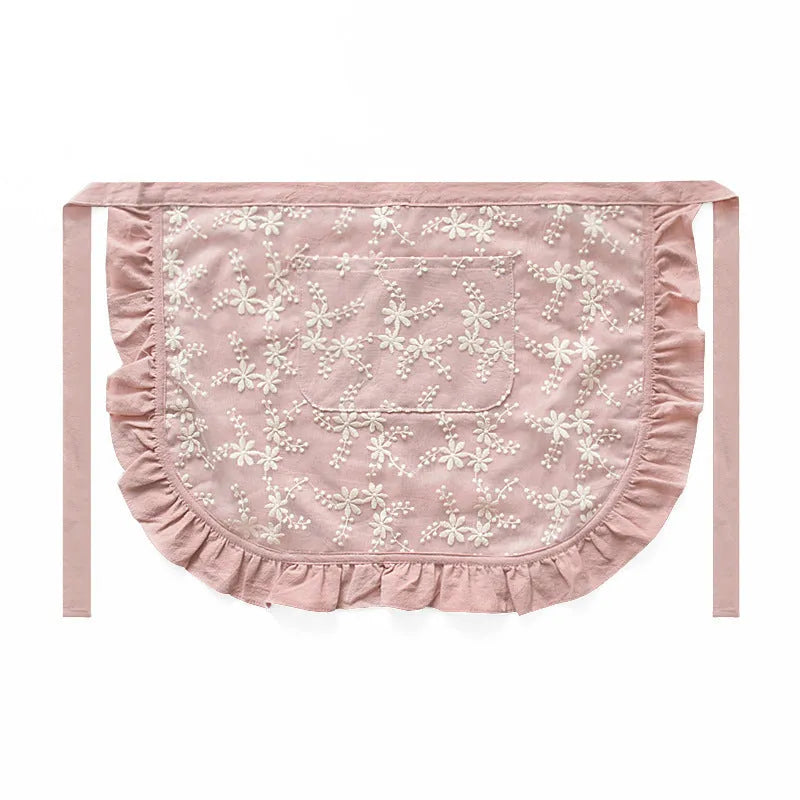Cotton linen kitchen apron with lace X-strap in solid colour options