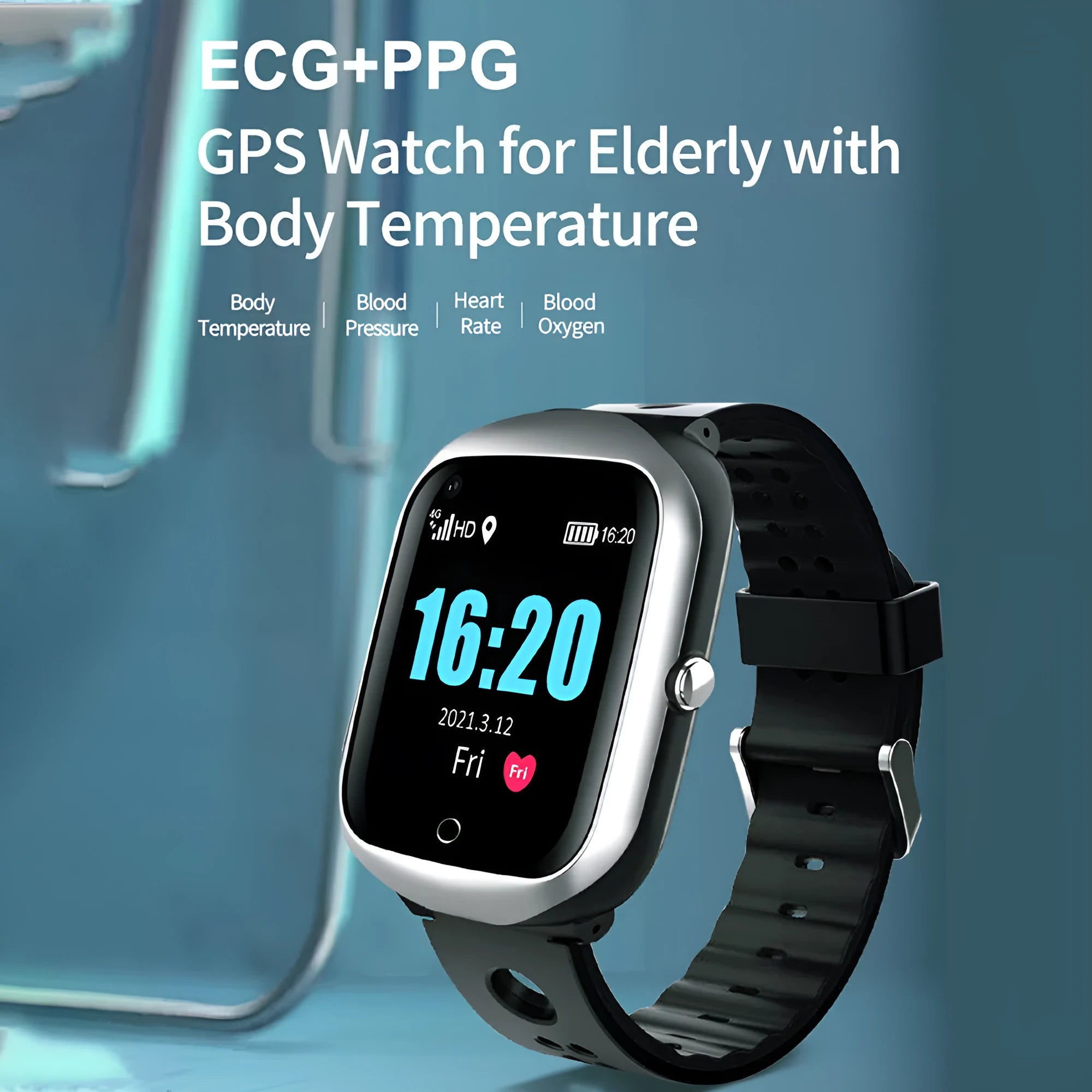 Black elderly safety smart watch showing a square colour screen with GPS and SOS icons on the display.