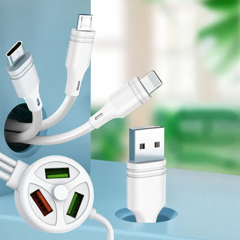 PDPVC mobile phone charging cable with 3U interface showing USB, Micro USB, Mini USB and Type-C connectors.