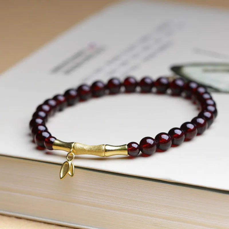 Natural garnet bamboo joint 6mm single ring bracelet in copper or silver finish
