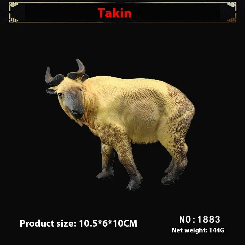 Plastic simulation animal toy model of a takin, 10.5cm tall, in natural colour finish, on a white background