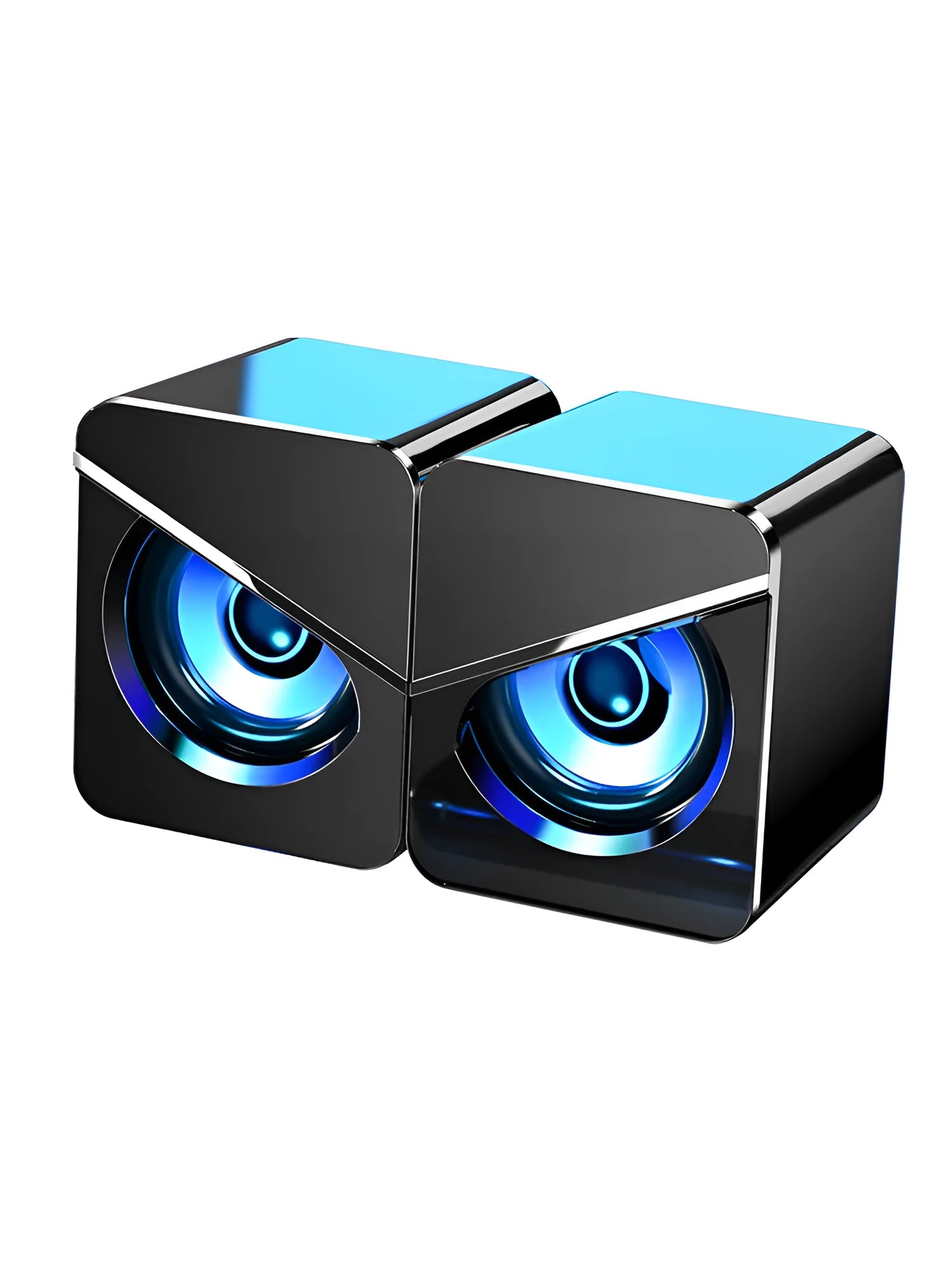 Black and white USB wired mini desktop speaker with volume control next to laptop