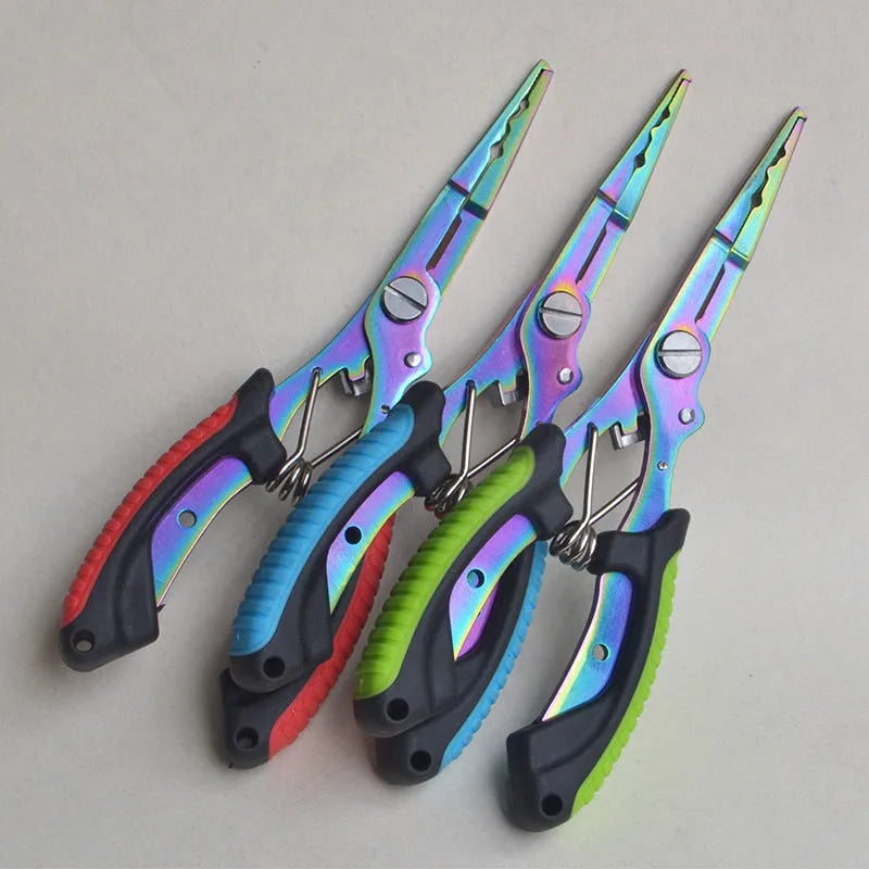 PE39 medium straight mouth fishing pliers with hook, showing SS420 steel construction and coloured ABS plastic handle.