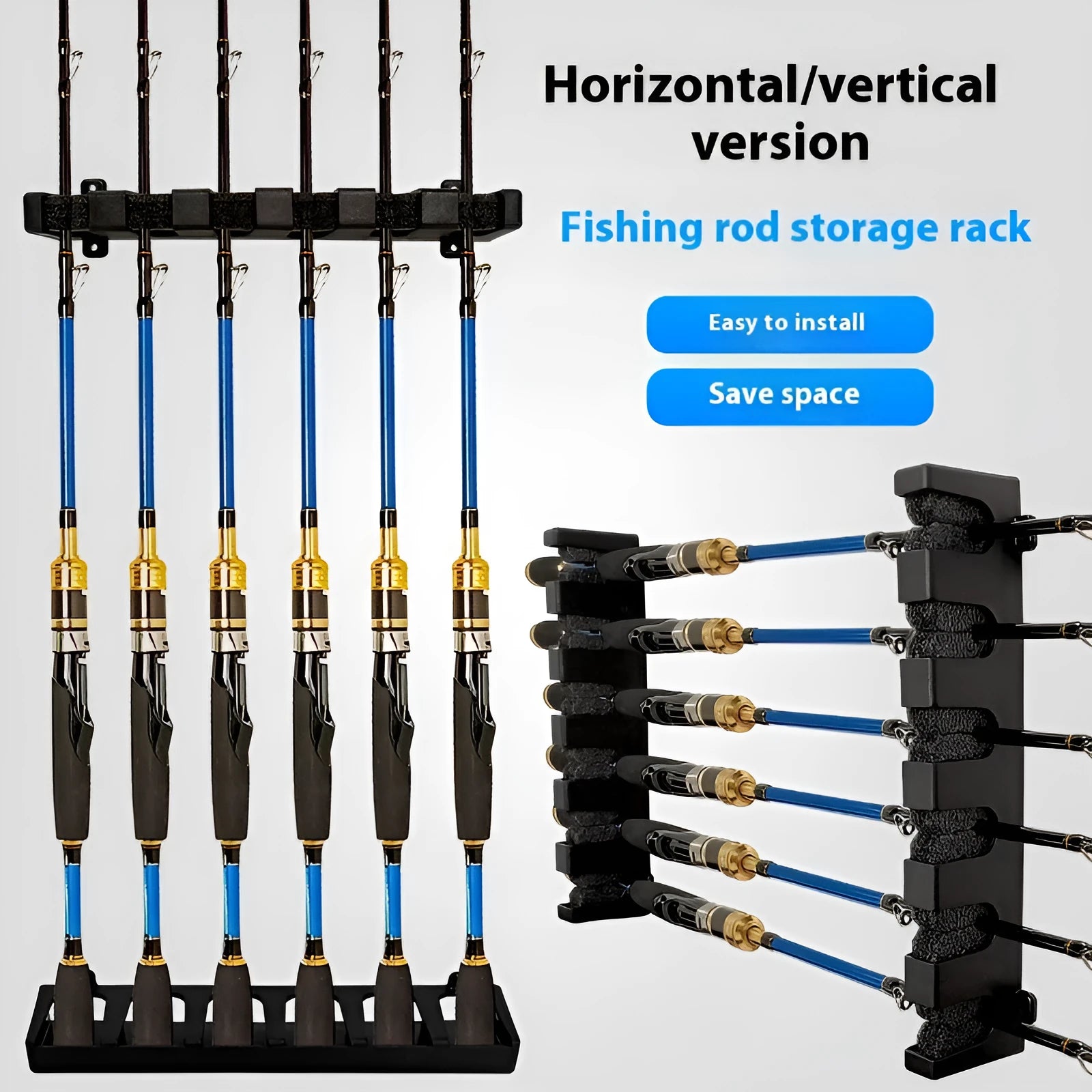 Black ABS plastic wall-mounted fishing rod holder rack with self-tapping screws