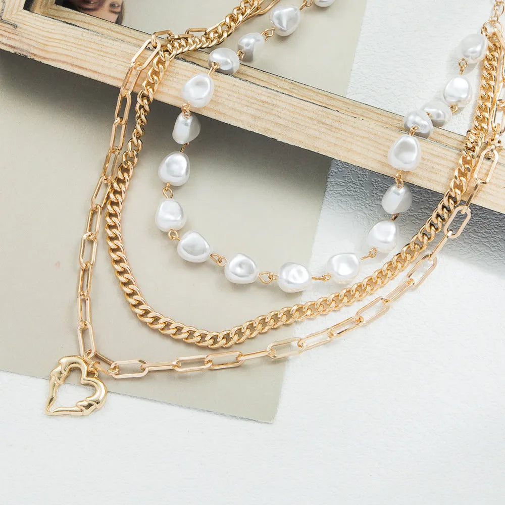 Love alloy clavicle chain for women handmade imitation pearl heart shape pendant with tassel on adjustable chain
