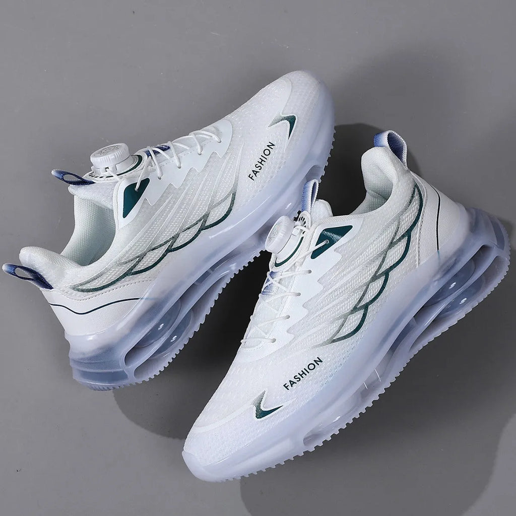 White Korean-style men's casual shoes with rotating button lacing and mesh upper.