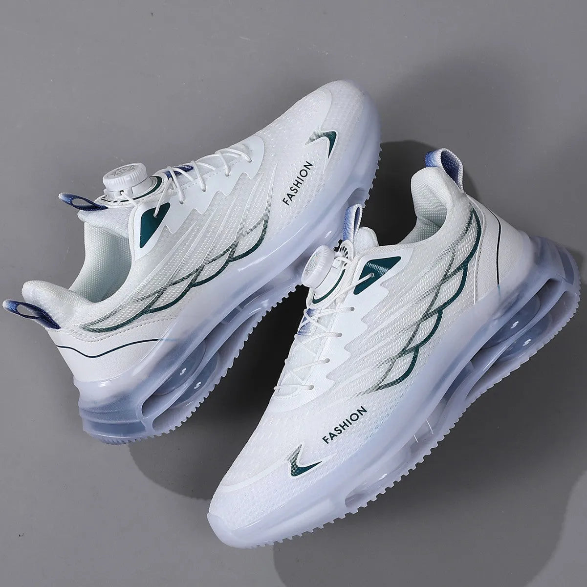 White Korean-style men's casual shoes with rotating button lacing and mesh upper.
