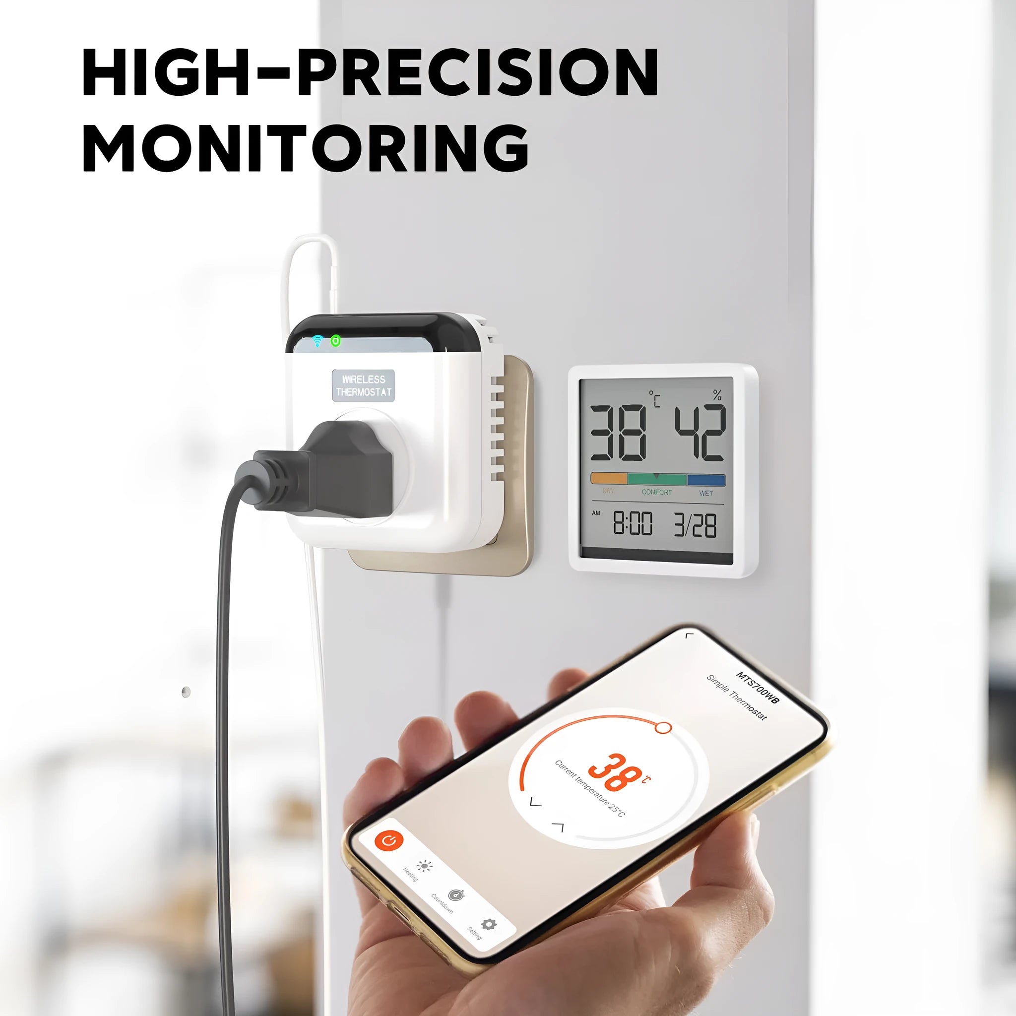 White European smart socket with remote control showing two power jacks and dimensions