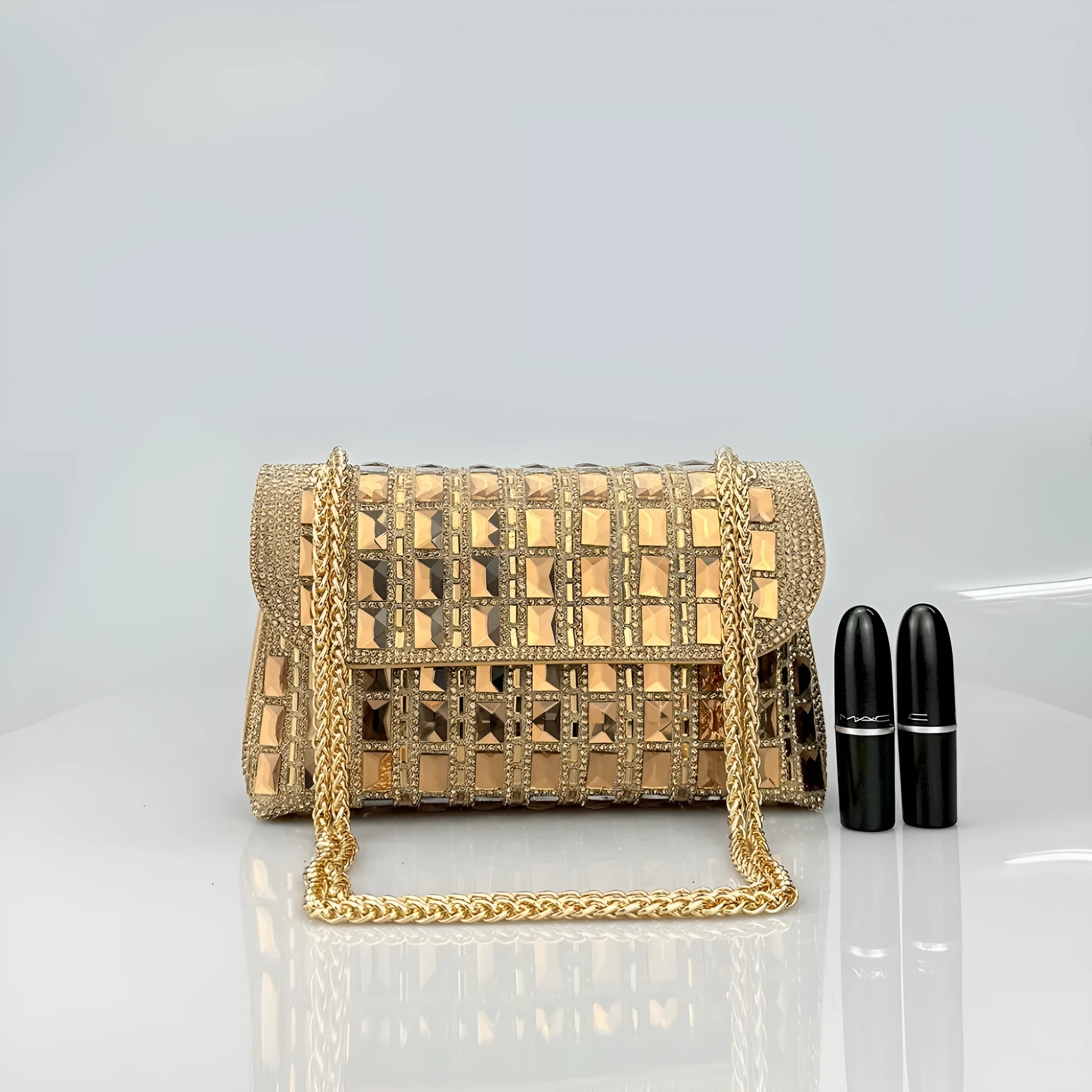 Shiny glass rhinestone chain clutch purse with diamond accents in horizontal square shape