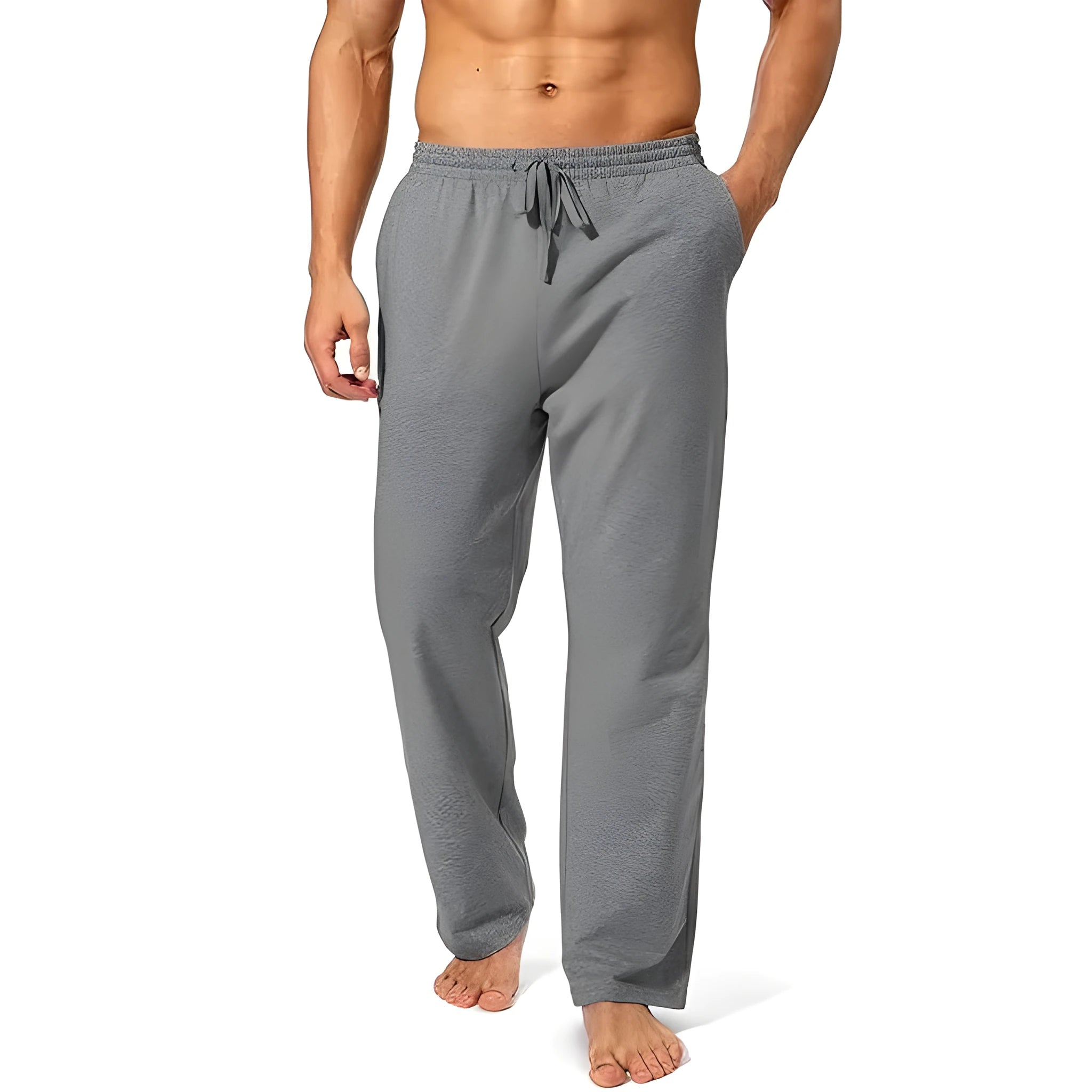 Men's loose polyester casual trousers in dark grey with mid waist and full length design