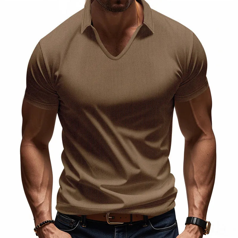 Men's loose fit V-neck short sleeve T-shirt in cotton blend fabric shown in solid colour options