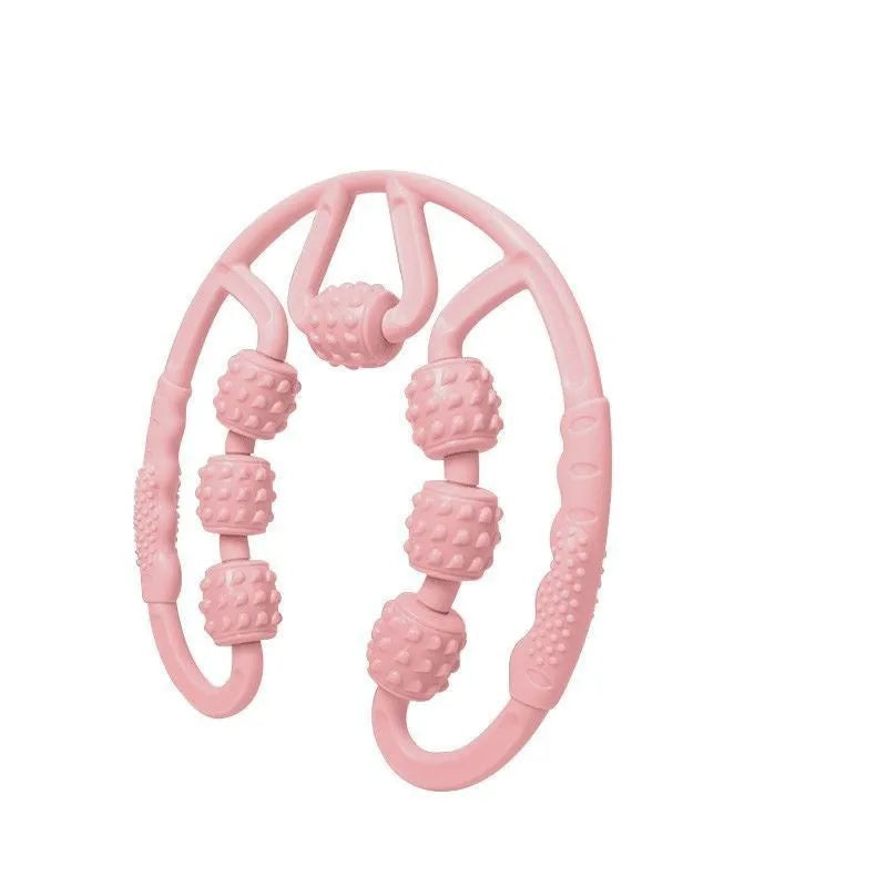 Handheld plastic leg massager roller with multiple wheels in macaron pink colour