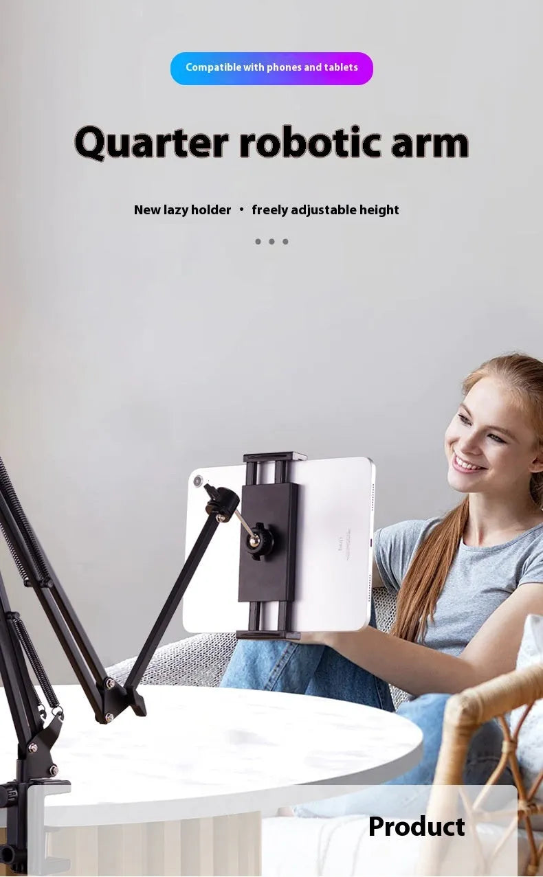 Black foldable metal desktop cantilever bracket holding a tablet at an adjustable angle.