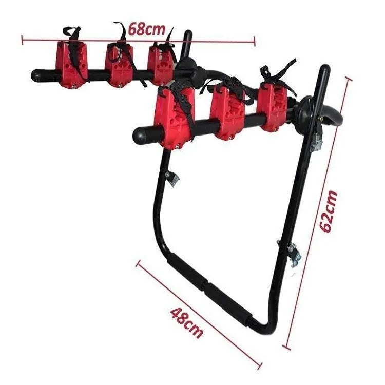 Black and red boot mounted bike holder rack with iron frame and sponge padding.