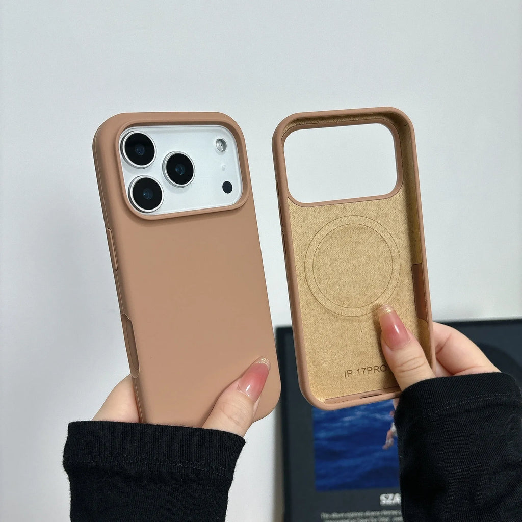 Magnetic liquid silicone iPhone case with Ai button for iPhone 12, 13, 14 models in antique white colour.