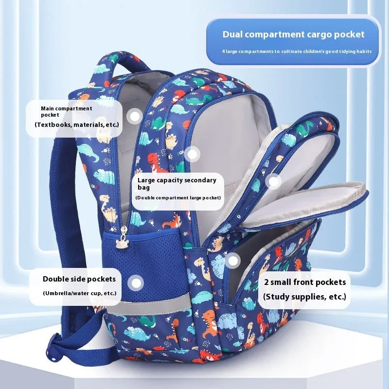 Children's Oxford cloth school backpack in a dinosaur pattern, showing curved straps and spine protection design.