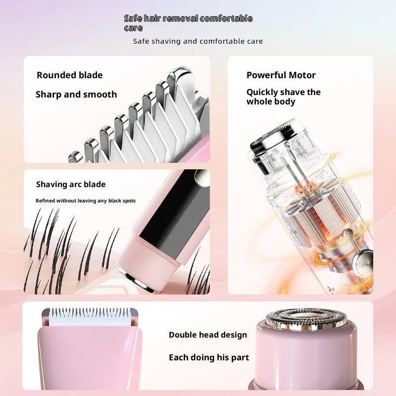 Women's double-headed electric hair removal device with USB cable, available in blue, gold, and purple colours