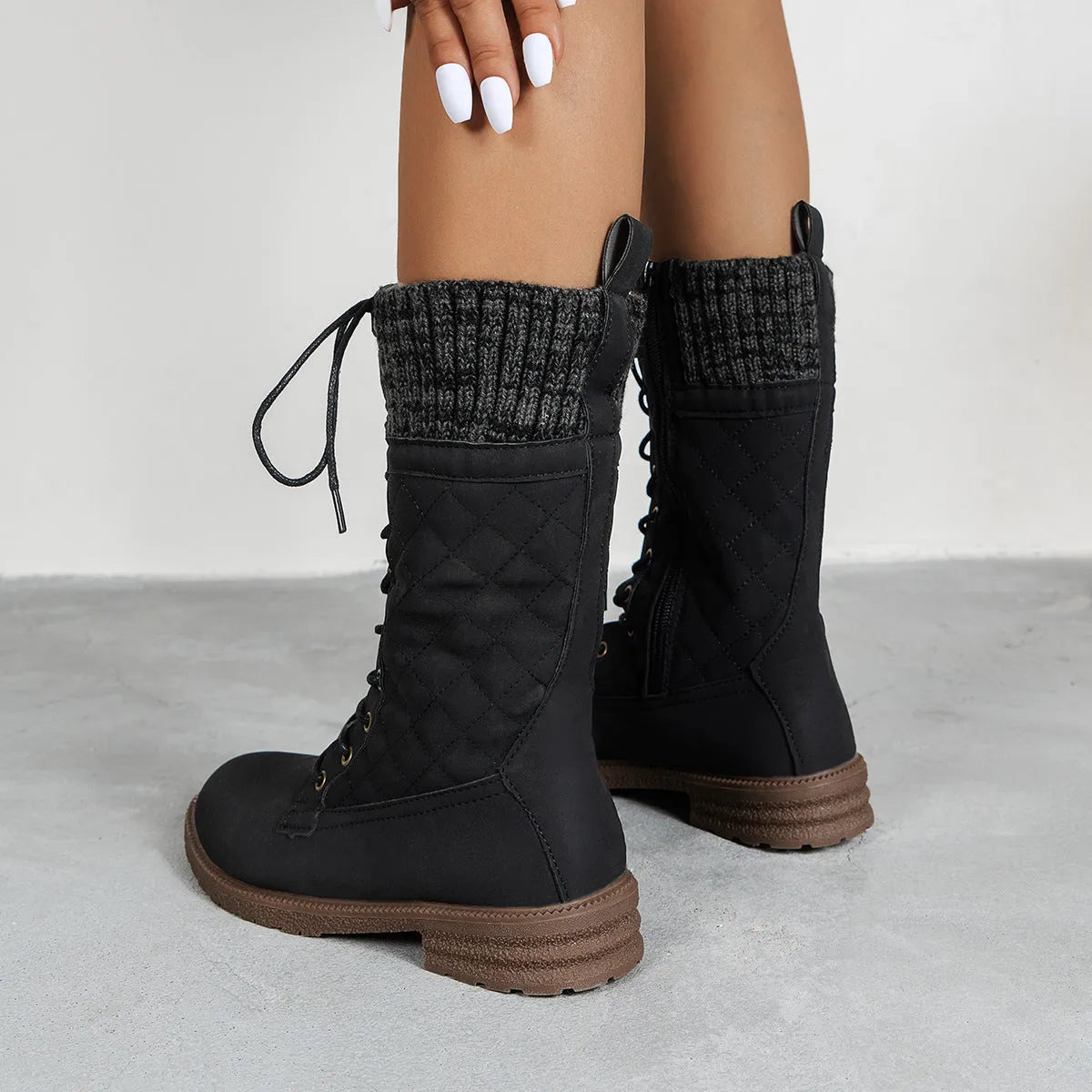 Women's lace up winter cowboy boots block heel round toe artificial PU in black dark brown grey