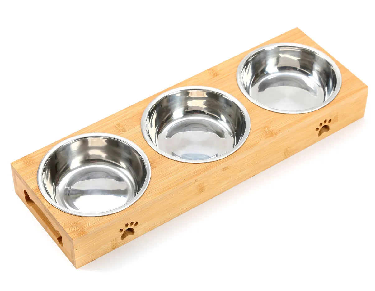 Solid wood pet dining table with stainless steel bowls in bamboo colour for elevated pet feeding