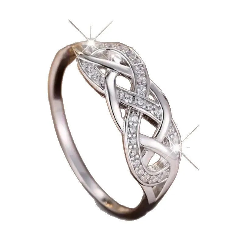 Multi-layer winding hollow geometric twist ring in white gold finish with inlaid zircon, copper base, sizes No 6 to No 10