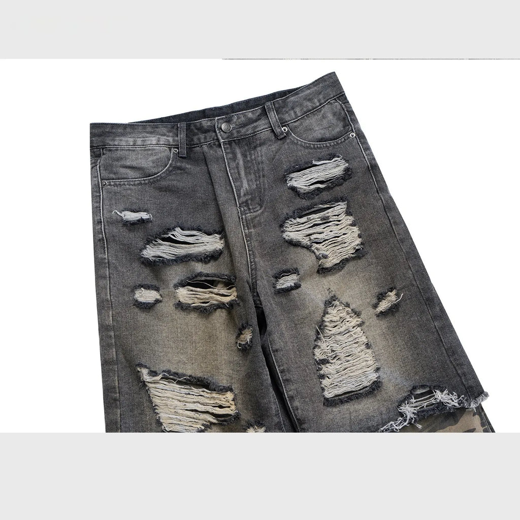 Men's black and gray camouflage stitching wide leg ripped jeans, cotton denim, mid waist.