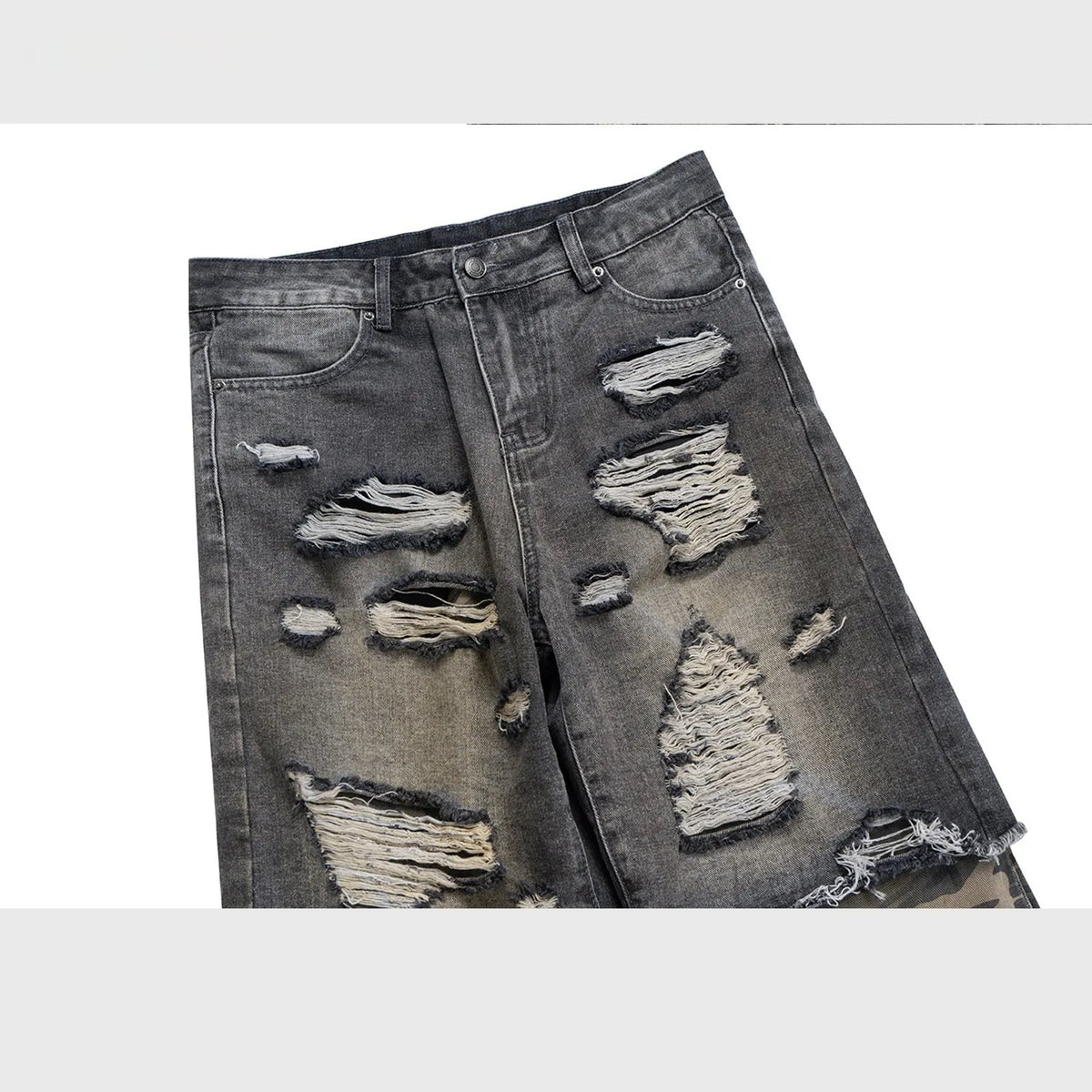 Men's black and gray camouflage stitching wide leg ripped jeans, cotton denim, mid waist.