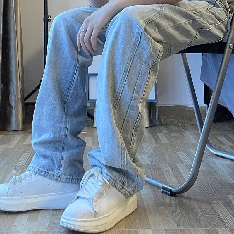 Blue cotton denim straight leg retro wash jeans for men and women, loose fit, middle waist