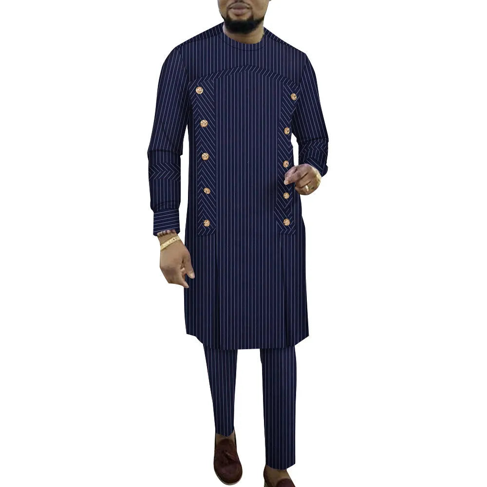 African striped cotton robe two-piece set for men, showing long sleeve top and matching trousers.