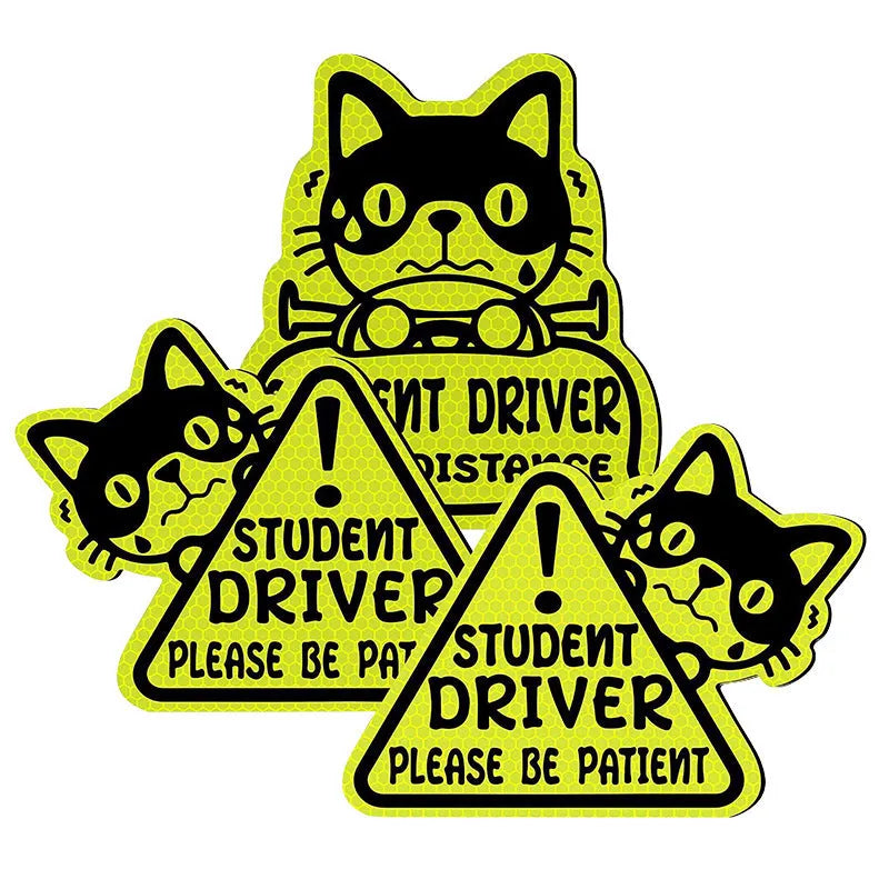 Set of three magnetic reflective car stickers showing cat, duck, and panda designs