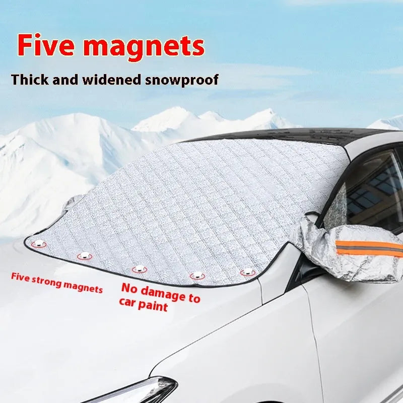 Large aluminium foil winter car cover with reflective stripes and magnets, shown fitted on an SUV front windshield.