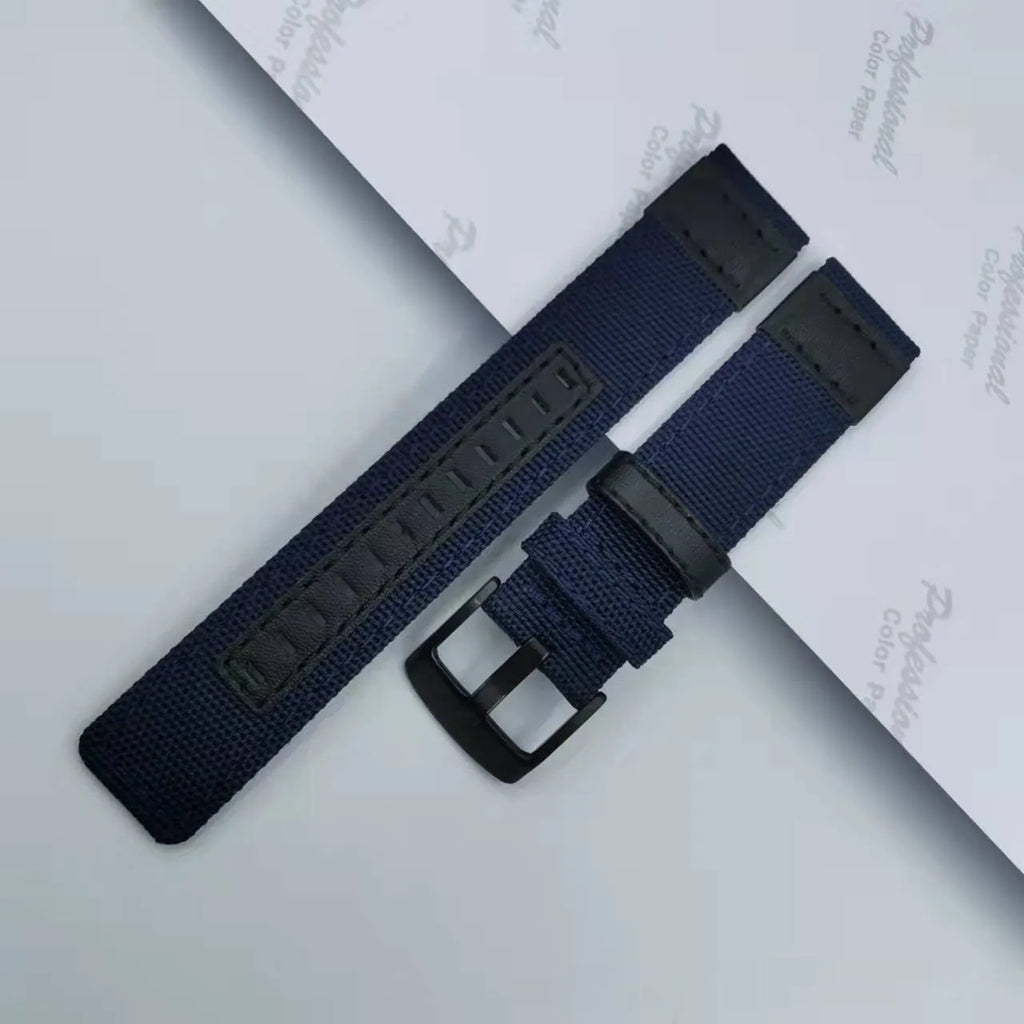 Oxford cloth canvas watch strap shown in multiple colour options including camouflage, with 20mm, 22mm, and 24mm sizing displayed.