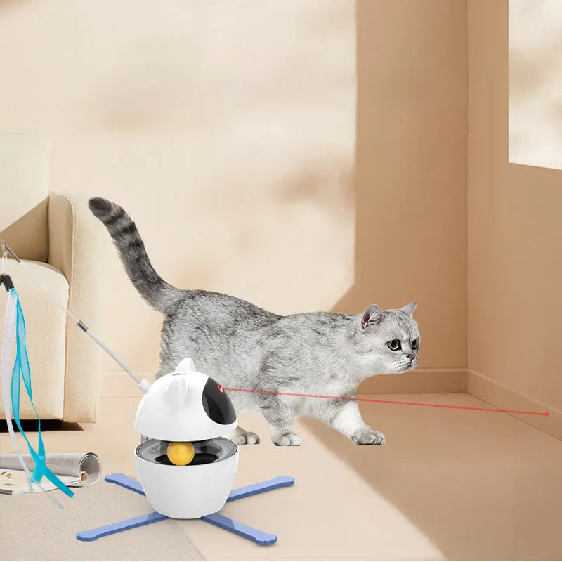 White electronic automatic cat toy with rotating funny stick and extended elastic rope