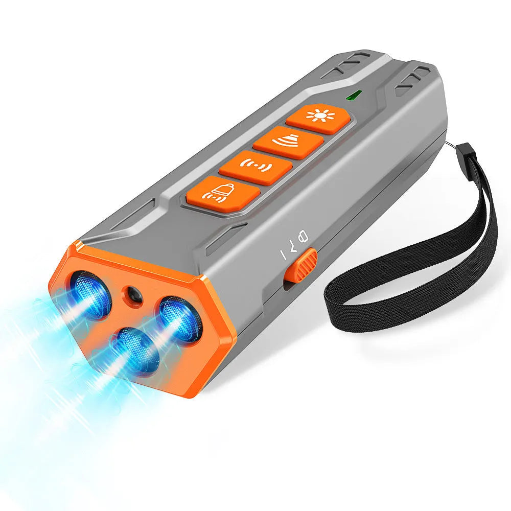 Three head ultrasonic dog trainer in grey and orange colour on a white background.